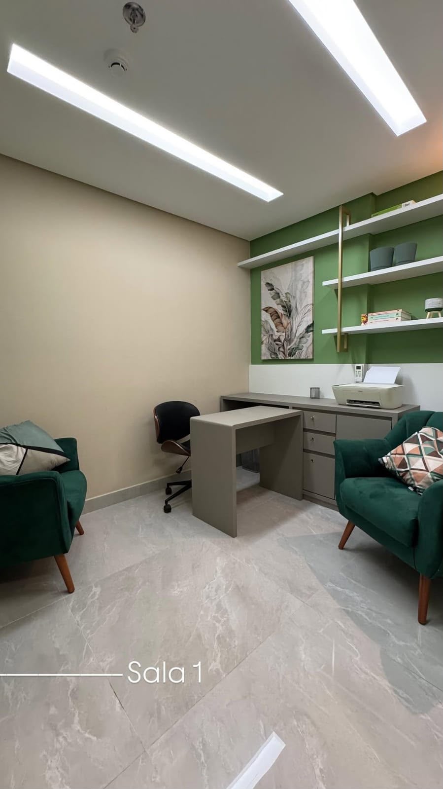 Sala 1 do consultório de Sueli Lima, com duas poltronas verdes frente a frente